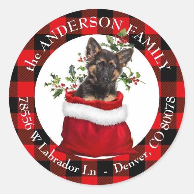 Gift Bag German Shepherd Puppy Plaid Frame Classic Round Sticker (Front)