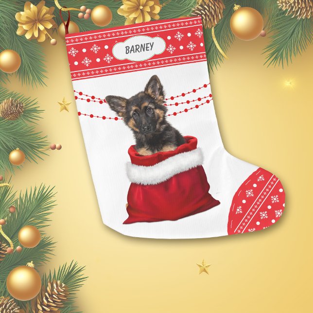 Gift Bag German Shepherd Puppy Snowflake Border Large Christmas Stocking (Creator Uploaded)