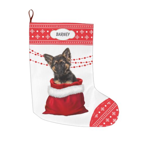 Gift Bag German Shepherd Puppy Snowflake Border Large Christmas Stocking