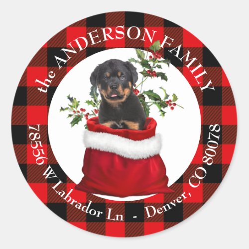 Gift Bag Rottweiler Pup Plaid Frame Return Address Classic Round Sticker