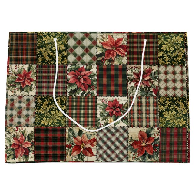 Gift Bag Rustic Christmas Plaid Patchwork Red (Front)
