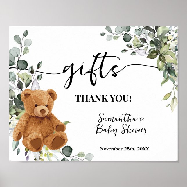 Gift Bear Greenery Eucalyptus Baby Shower Sign (Front)