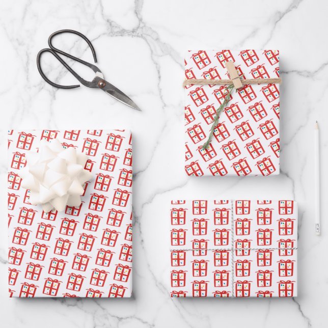Gift Bow Doodle CHRISTMAS Holiday Red White Wrapping Paper Sheets (Front)