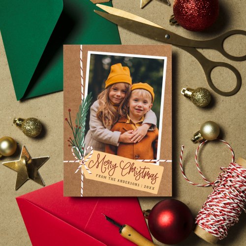 Gift  Bow Rustic Merry Christmas Holiday Photo Postcard