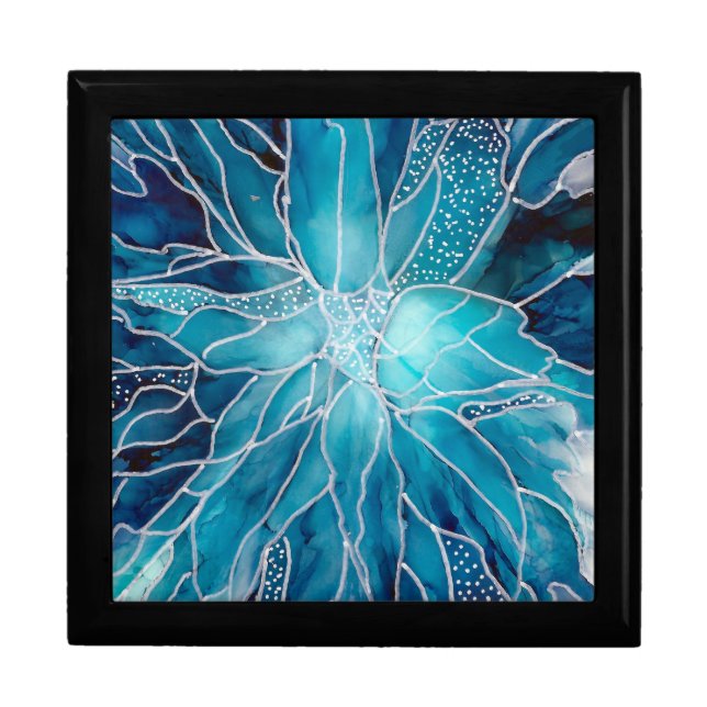 Gift Box - Alcohol Ink Art Blue White Flower (Front)