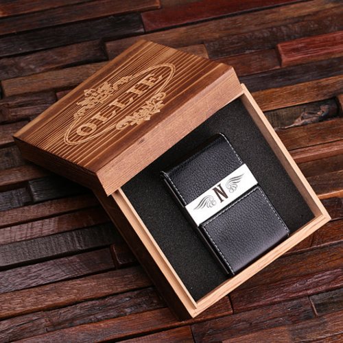 Gift Box and Black Leather Business Card Holder