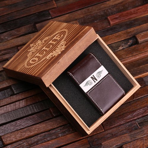 Gift Box and Brown Leather Business Card Holder