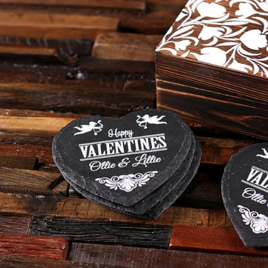Gift Box and Engraved Heart Shaped Slate Coasters (Front)