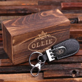 Gift Box and Script Monogram Leather Keychain (Front)