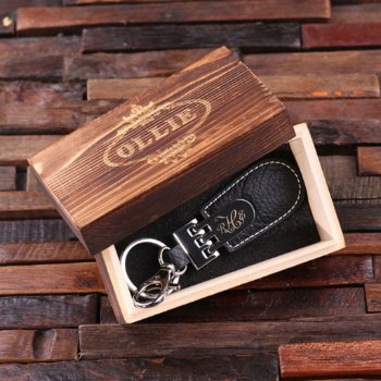 Gift Box And Script Monogram Leather Keychain by tealsprairie at Zazzle