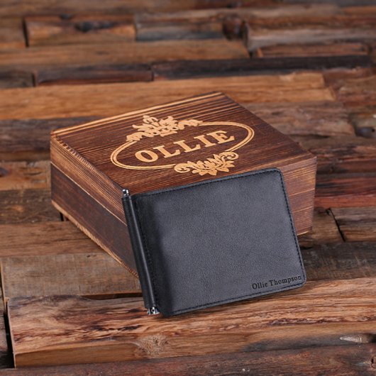 Gift Box & Black Bifold Card Holder Leather Wallet (Front Top)