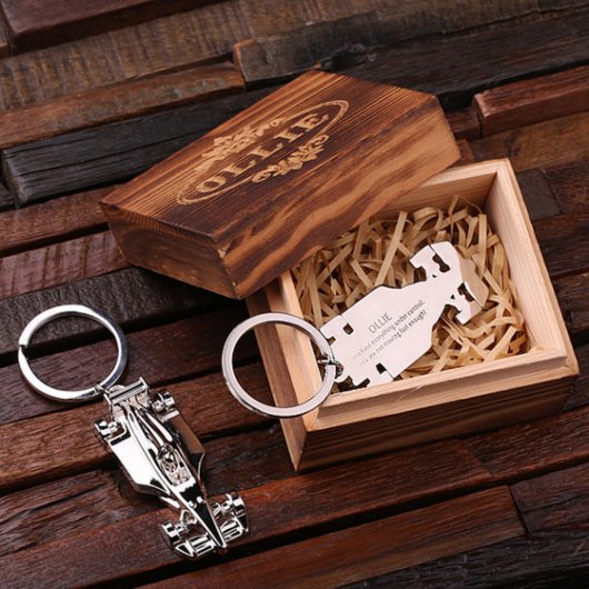 Gift Box & Cool Engraved Race Car Keychain (Inside)