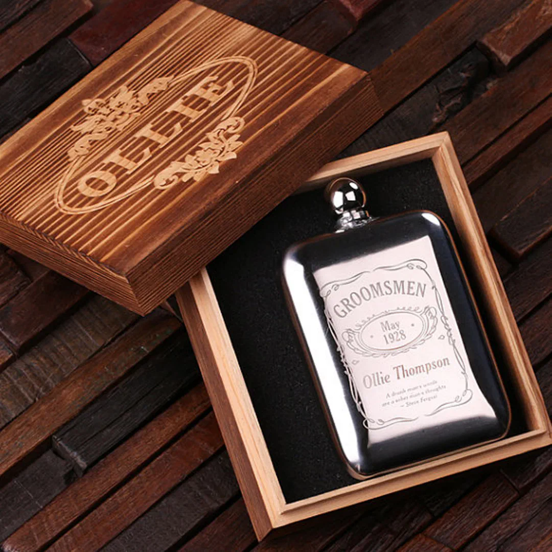 Gift Box & Engraved 6 oz. Stainless Steel Flask (Inside)