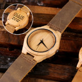 Gift Box & Engraved Leather Strapped Bamboo Watch (Front)
