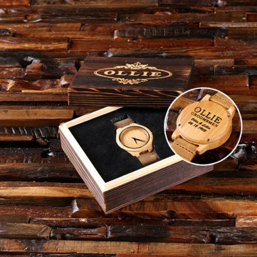 Gift Box  Engraved Leather Strapped Bamboo Watch