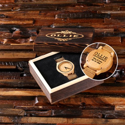 Gift Box & Engraved Leather Strapped Bamboo Watch (Inside)