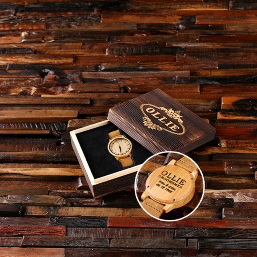 Gift Box & Etched Bamboo & Leather Strapped Watch (Inside)