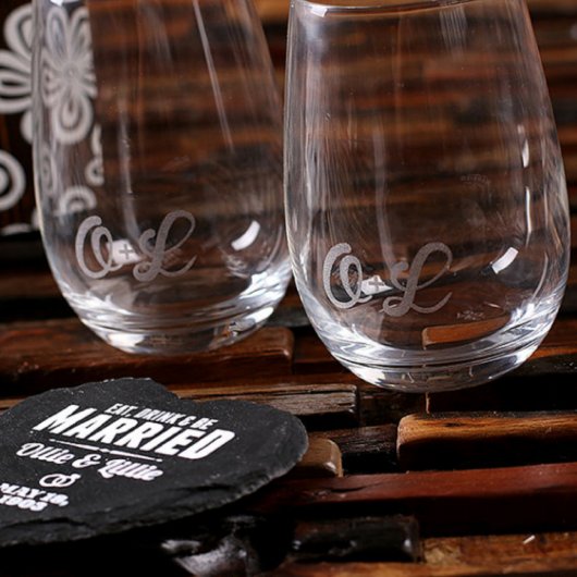 Gift Box, Heart Coasters & Stemless Wine Glasses (Top Right)