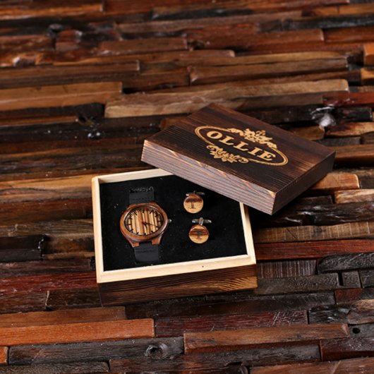 Gift Box, Monogram Cufflinks & Bamboo Watch (Inside)