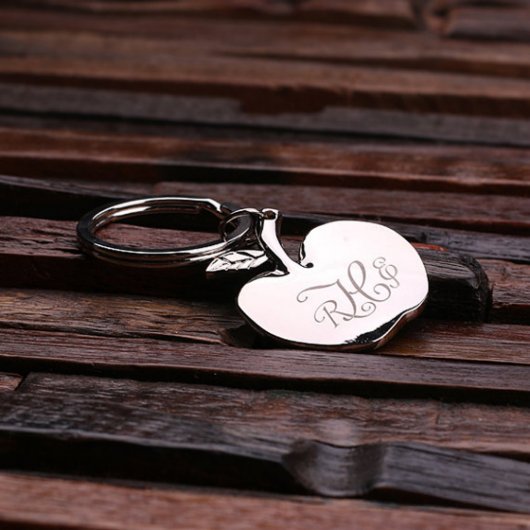 Gift Box & Script Monogram Apple Silver Keychain (Front)