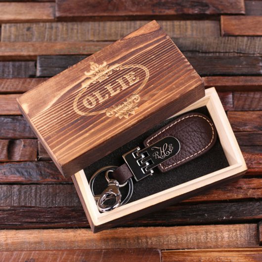 Gift Box & Script Monogram Brown Leather Keychain (Inside)