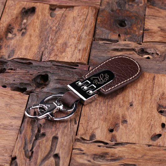 Gift Box & Script Monogram Brown Leather Keychain (Top)