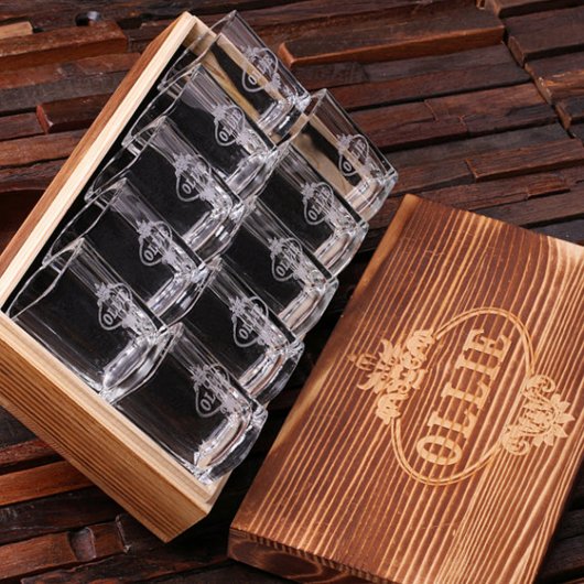 Gift Box & Set of 10 Unique Etched Shot Glasses (Inside)