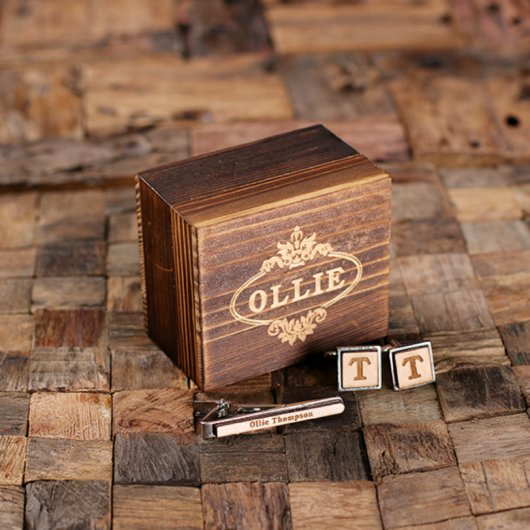Gift Box Set: Square Cufflinks & Wooden Tie Bar (Front)