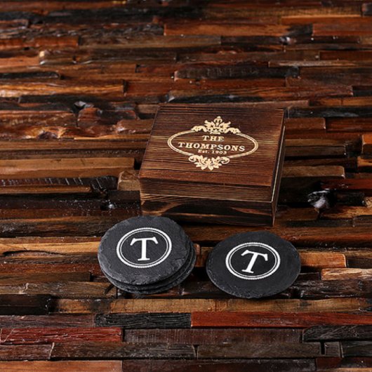 Gift Box & Single Initial Round Slate Coasters (Front)