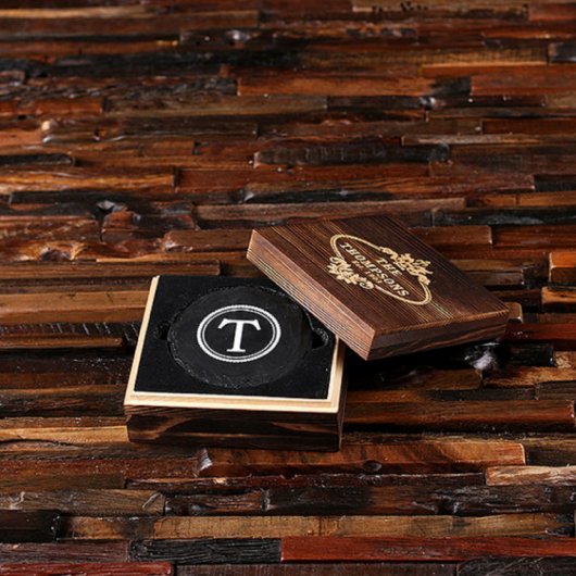 Gift Box & Single Initial Round Slate Coasters (Front)