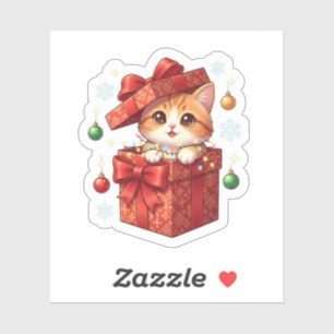 Gift Box Surprise Cute Cat Popping Out Christmas Sticker