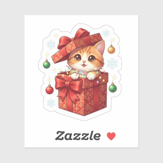 Gift Box Surprise Cute Cat Popping Out Christmas  Sticker (Sheet)