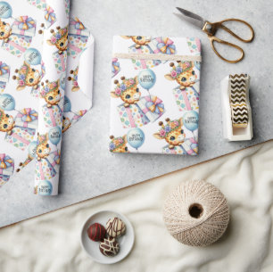 Gift box with baby giraffe surprise happy birthday wrapping paper