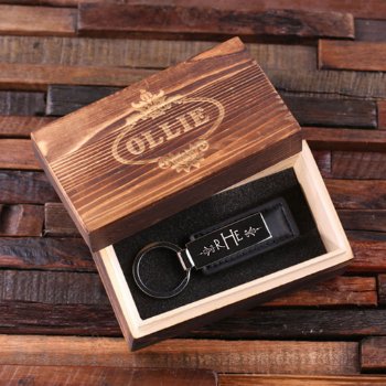 Gift Box With Black Monogram Leather Keychain by tealsprairie at Zazzle