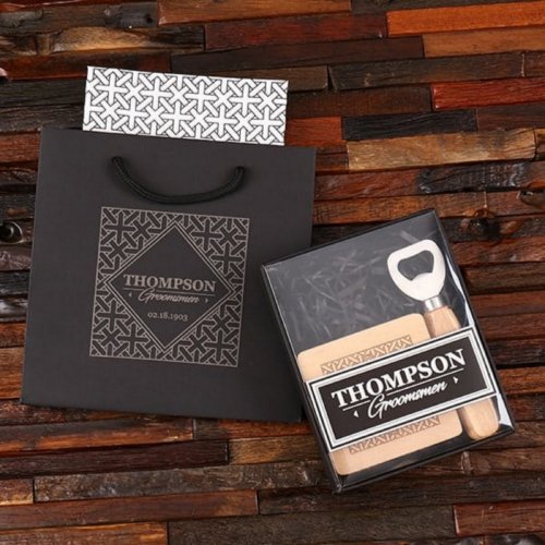 Gift Box with Bottle Opener and Wooden Coasters