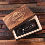 Gift Box with Brown Monogram Leather Keychain<br><div class="desc">Classic leather key chain with engraved wood gift box. We can engrave anything you want.</div>