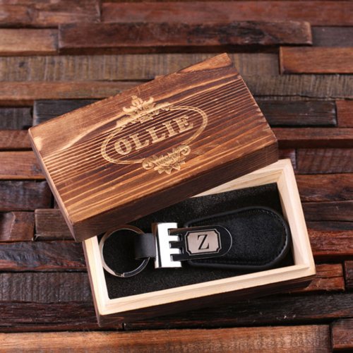 Gift Box with Monogram Black Leather Keychain