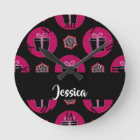 Gift boxes and snowflakes on black round clock