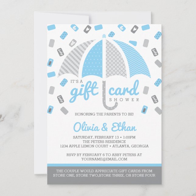 Gift Card Baby Shower Invitation, Baby Blue, Gray (Front)