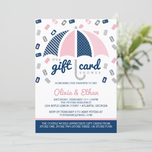 Gift Card Baby Shower Invitation, Navy, Pink Zazzle