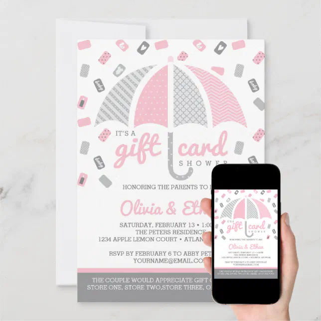 Gift Card Baby Shower Invitation, Pink, Gray Zazzle