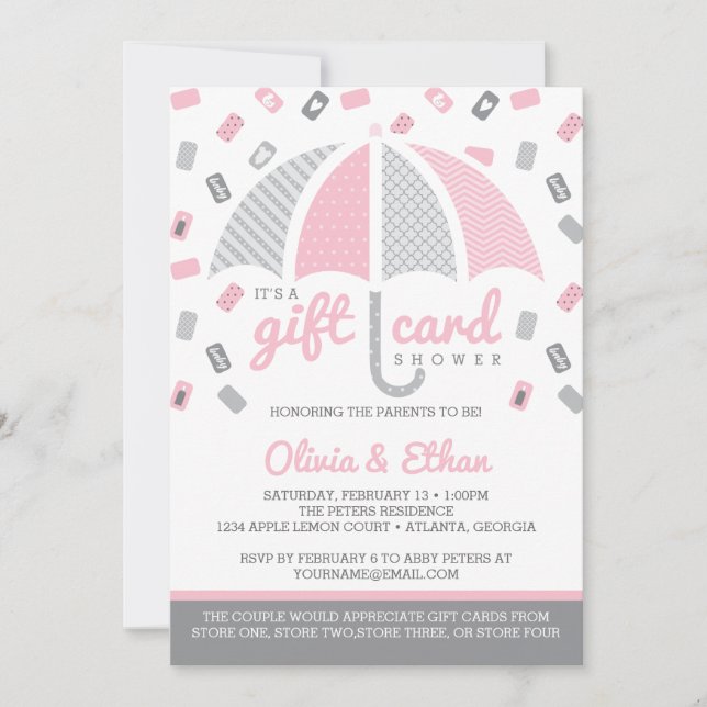 Gift Card Baby Shower Invitation, Pink, Gray (Front)