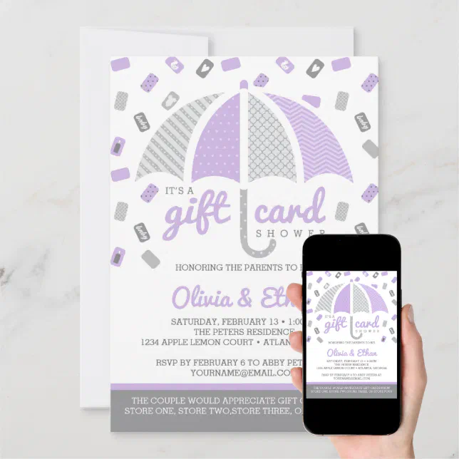 Gift Card Baby Shower Invitation, Purple, Gray Zazzle