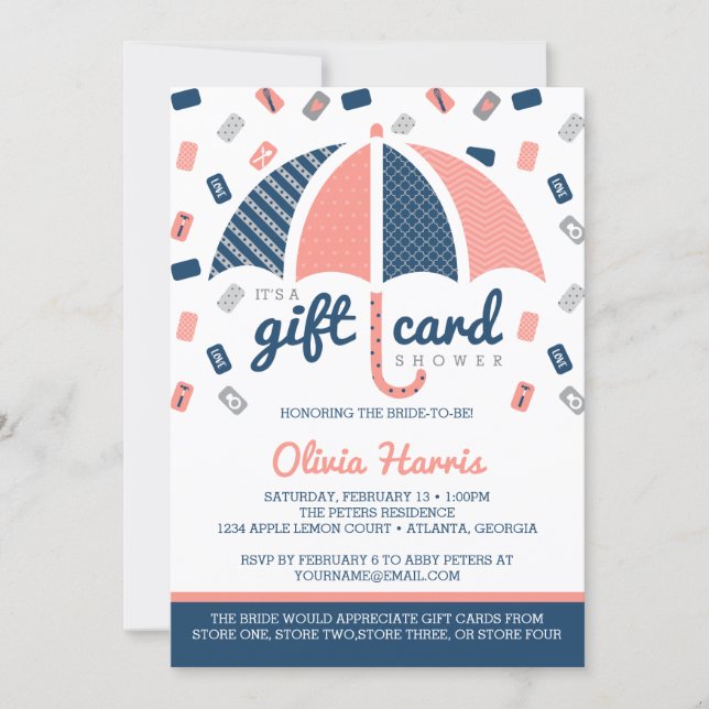 Gift Card Bridal Shower Invitation, Navy, Coral (Front)