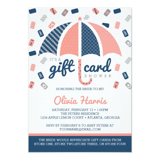 Gift Card Bridal Shower Invitation, Navy, Coral