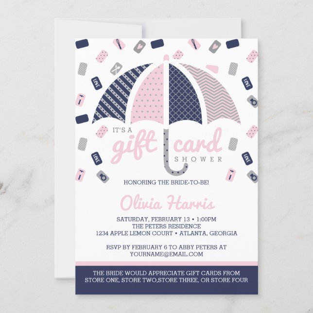 Gift Card Bridal Shower Invitation, Navy, Pink (Front)