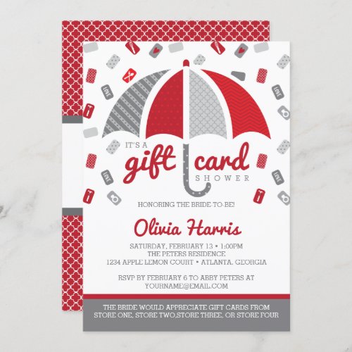 Gift Card Bridal Shower Invitation Red Gray