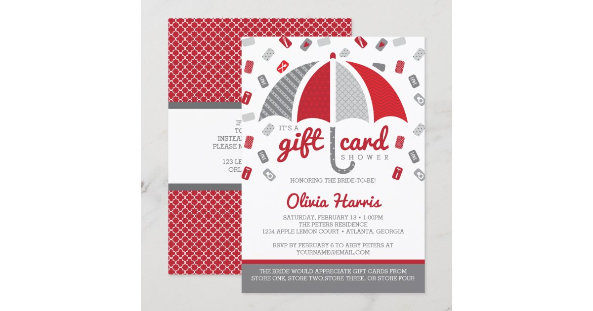Gift Card Bridal Shower Invitation, Red, Gray Zazzle