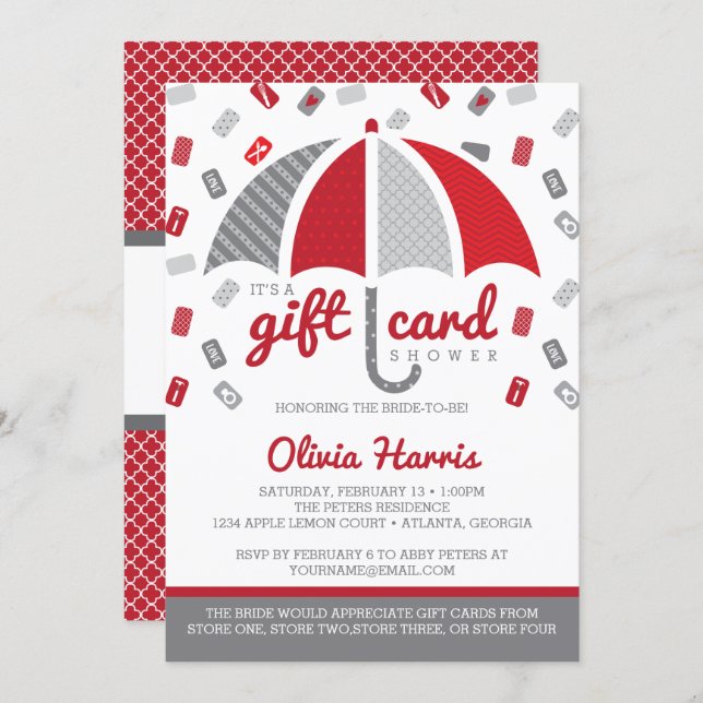 Gift Card Bridal Shower Invitation, Red, Gray (Front/Back)