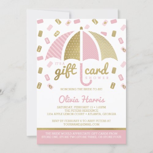 Gift Card Bridal Shower Invite Pink Faux Gold